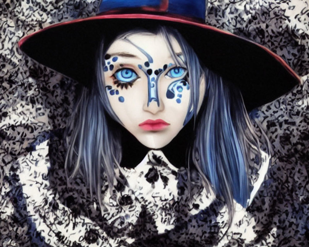 Blue and white face paint, wide eyes, blue lips, wide-brimmed hat, black and
