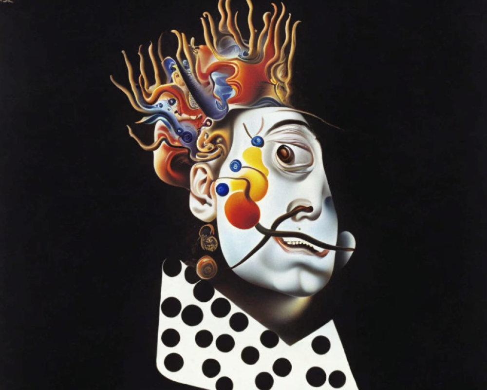 Colorful surreal portrait of a clown-like figure with abstract shapes and polka-dotted costume on black