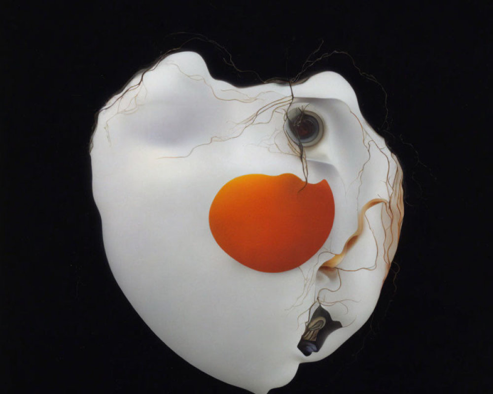 Abstract painting with egg-like form, red-orange blob, human eye, and shadowy figures on black