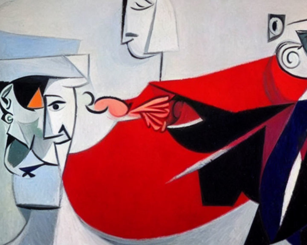 Colorful abstract painting featuring stylized figures like nurse in white, central figure in red with fish,