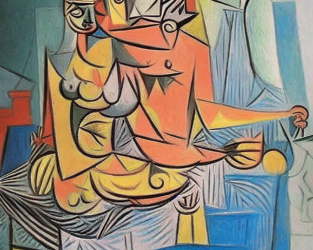 Colorful Cubist Painting with Distorted Figures & Geometric Shapes