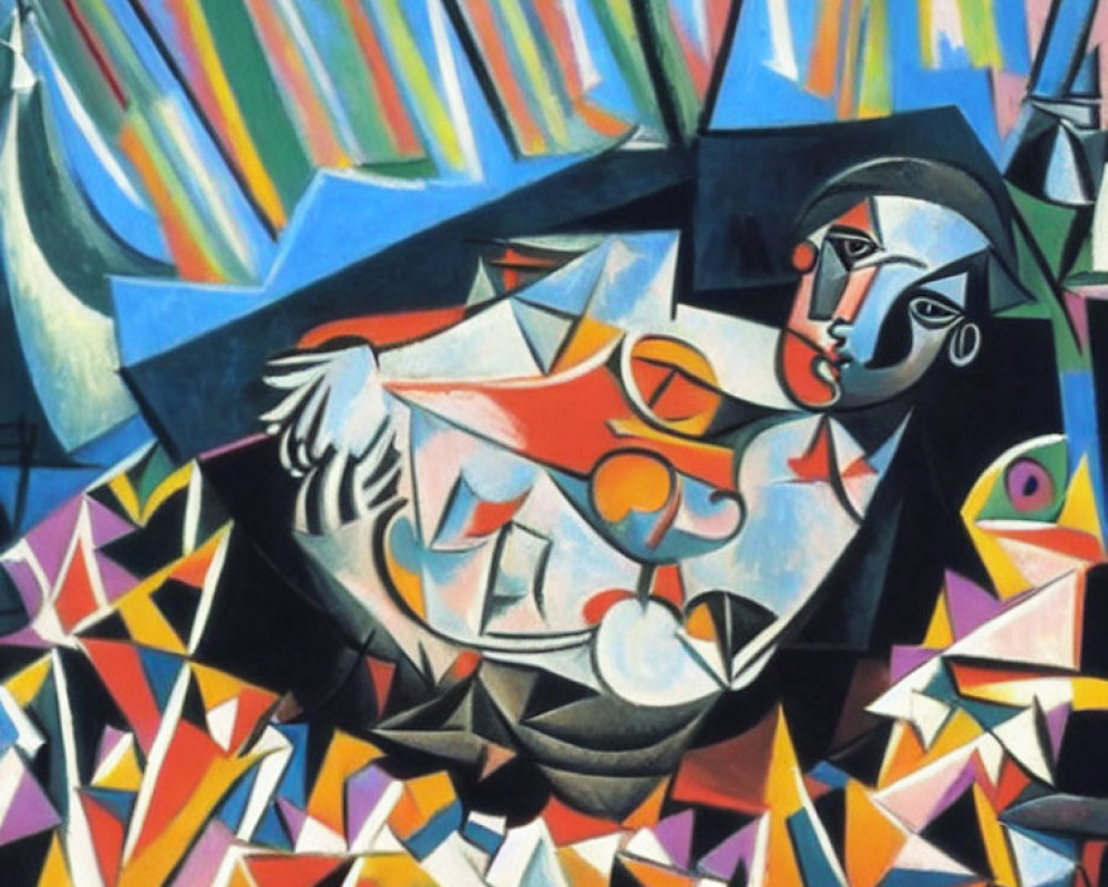 Vibrant Cubist artwork with bold colors and geometric shapes of a woman and bird in dynamic patterns