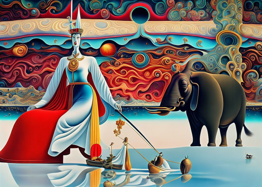 Surreal artwork: robed figure with scales, elephant, colorful patterns