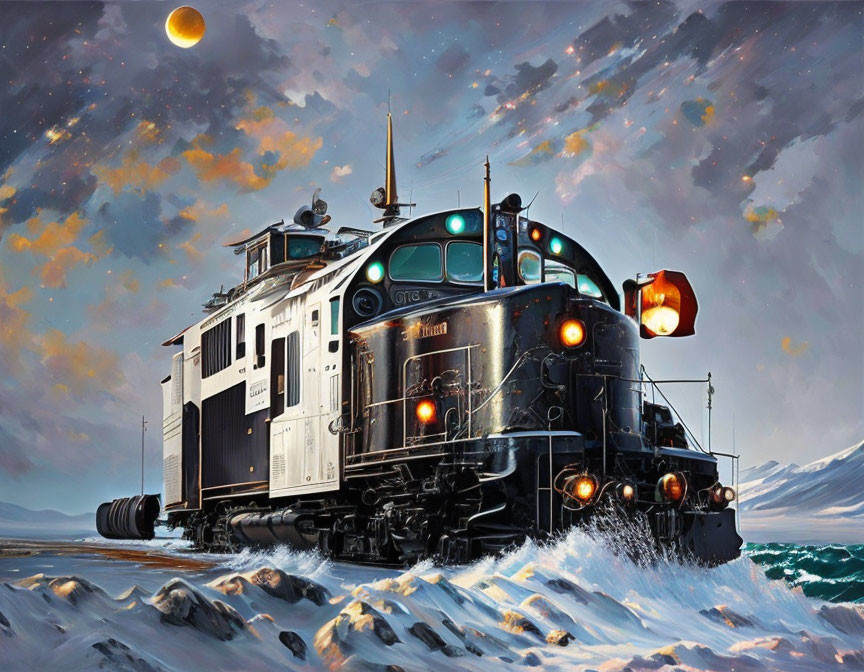 Vintage train in snowy landscape with mountains and dual moons