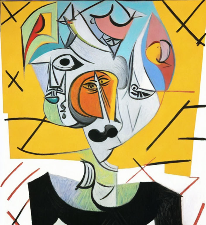 Colorful Cubist Portrait: Geometric Shapes, Vibrant Colors, Fragmented Face, Yellow Background