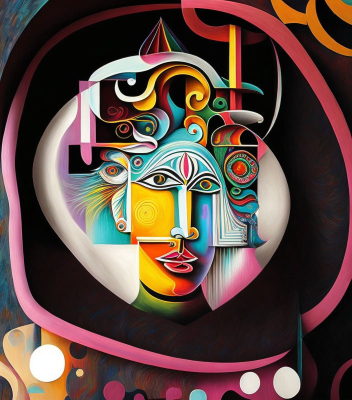 Vibrant abstract cubic portrait with female face and swirling shapes