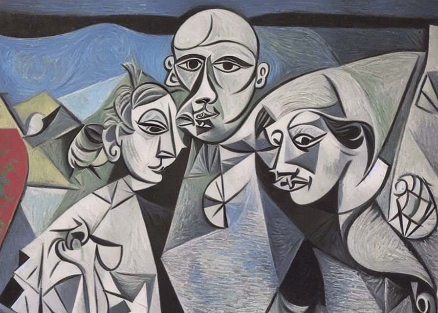 Cubist painting of three figures on blue and neutral background