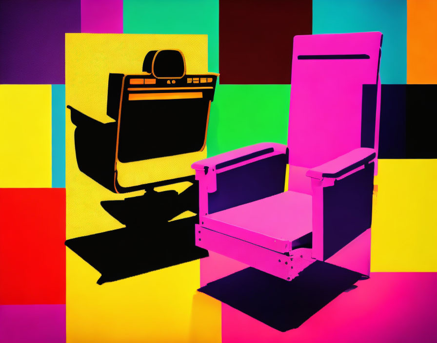 Abstract retro radio and chair silhouettes on colorful geometric backdrop