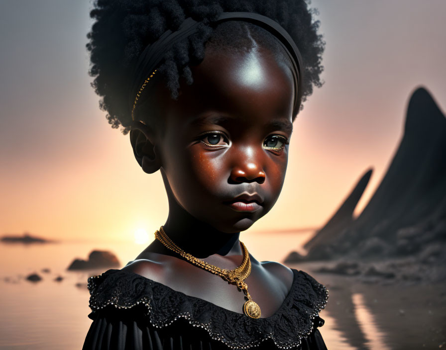 Portrait of young girl with striking eyes in dark clothing and gold necklace against sunset backdrop.