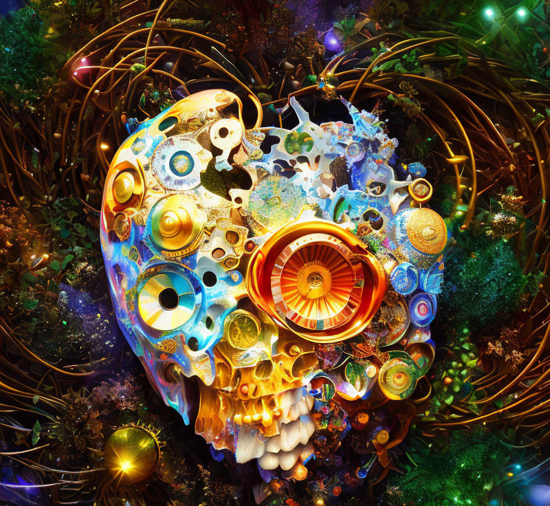 Colorful Abstract Skull Art with Mechanical and Organic Textures