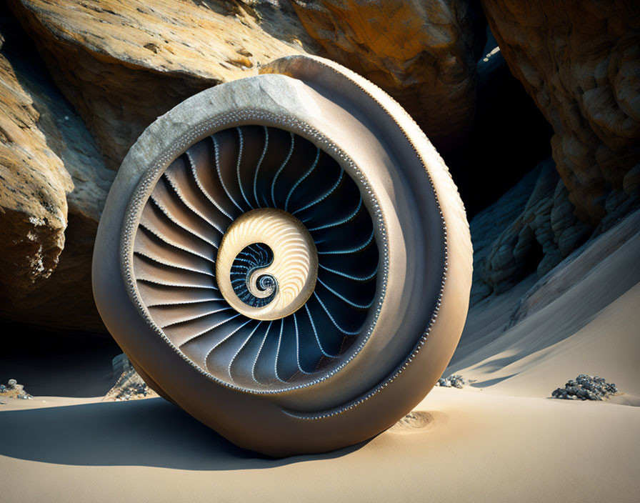 Surreal nautilus shell in desert canyon with infinite interior