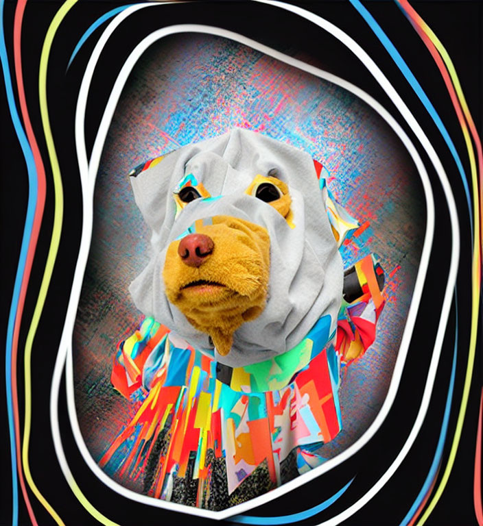 Vibrant digital artwork of stylized dog face with geometric shapes