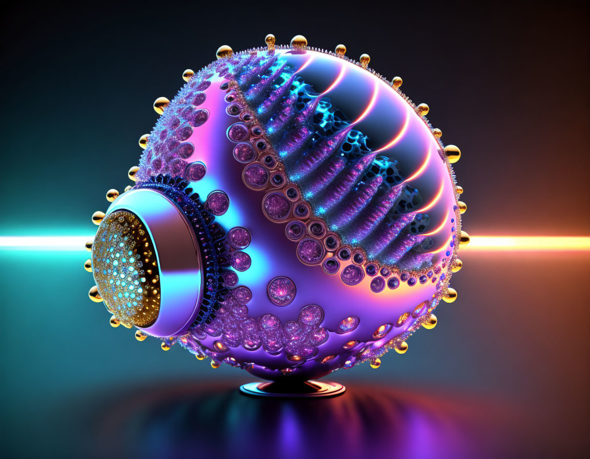 Detailed 3D-rendered futuristic orb with glowing textures and light beam