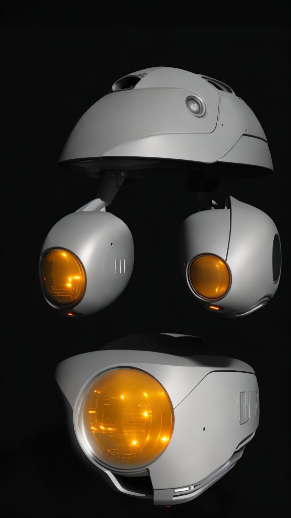 White Futuristic Robotic Head with Orange-Lit Eyes on Dark Background