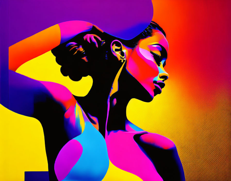 Colorful artwork of woman with abstract shapes in psychedelic palette