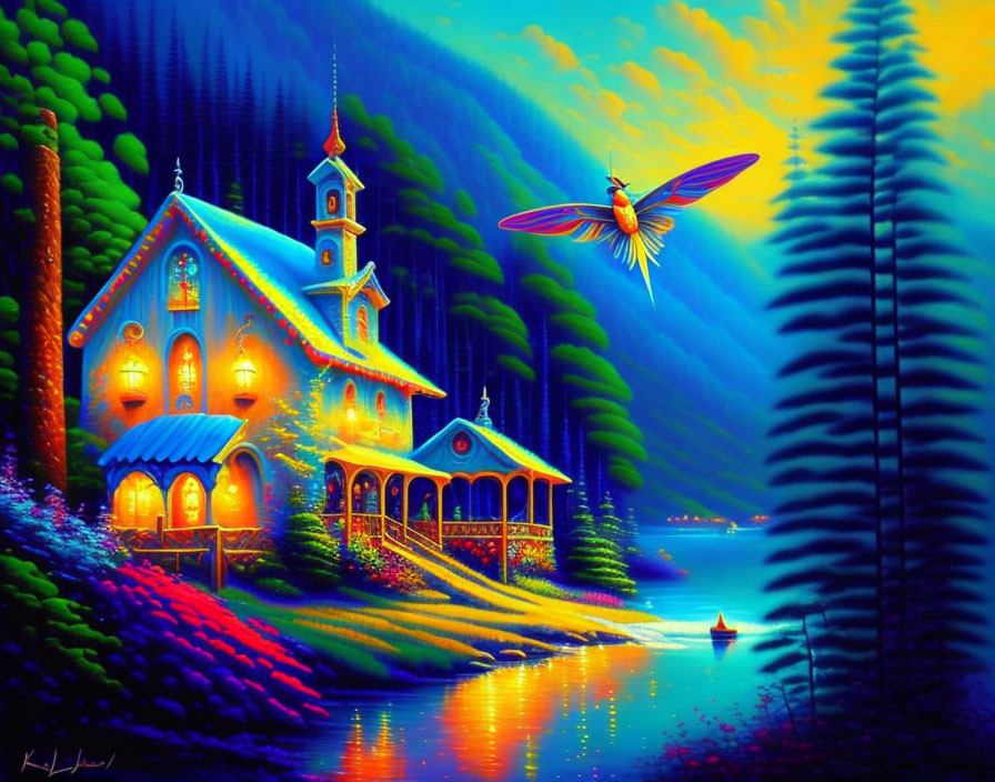 Colorful illuminated church by lake with pine trees & boat at night.