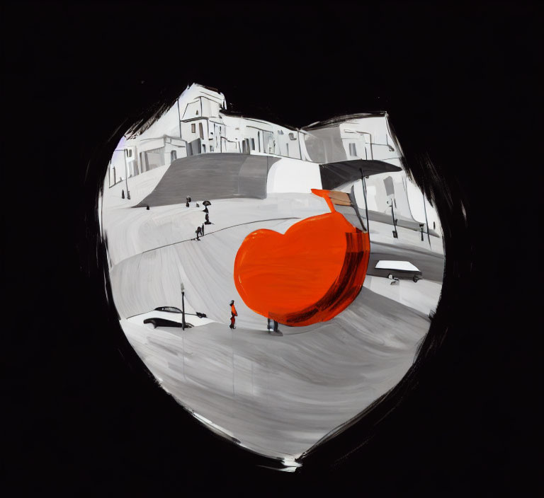 Monochrome Townscape Painting with Red Accents in Heart Shape