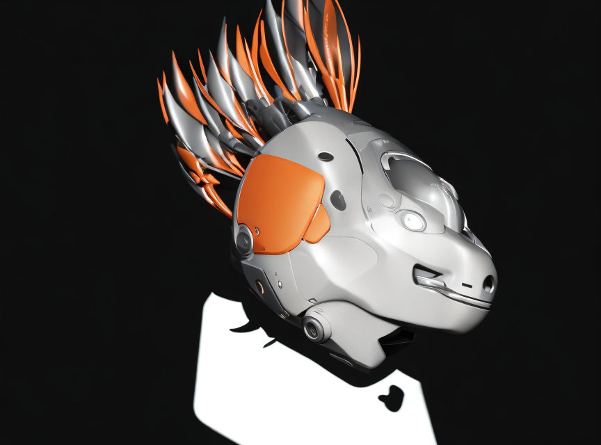 Orange and white futuristic helmet with flame-like ribbons on dark background