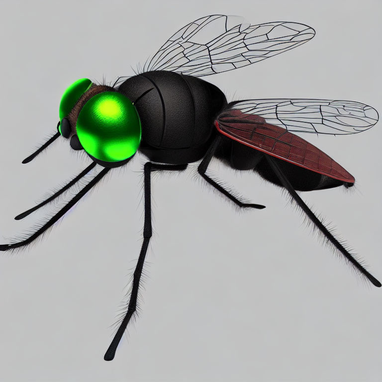 Detailed 3D Illustration of Glossy Black Fly on Light Background