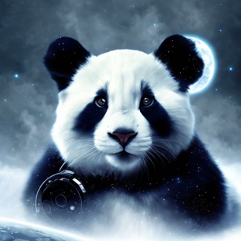Digitally altered panda with human-like eyes and headphones in cosmic background