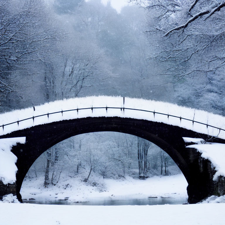 Snow-covered arched bridge over tranquil river in wintry forest