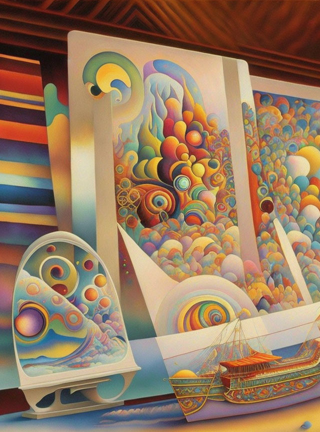 Surreal painting: Ocean waves, ship, abstract shapes & palette object