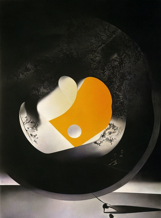 Abstract Painting: Black & White Contrast with Central Orange & Yellow Shape