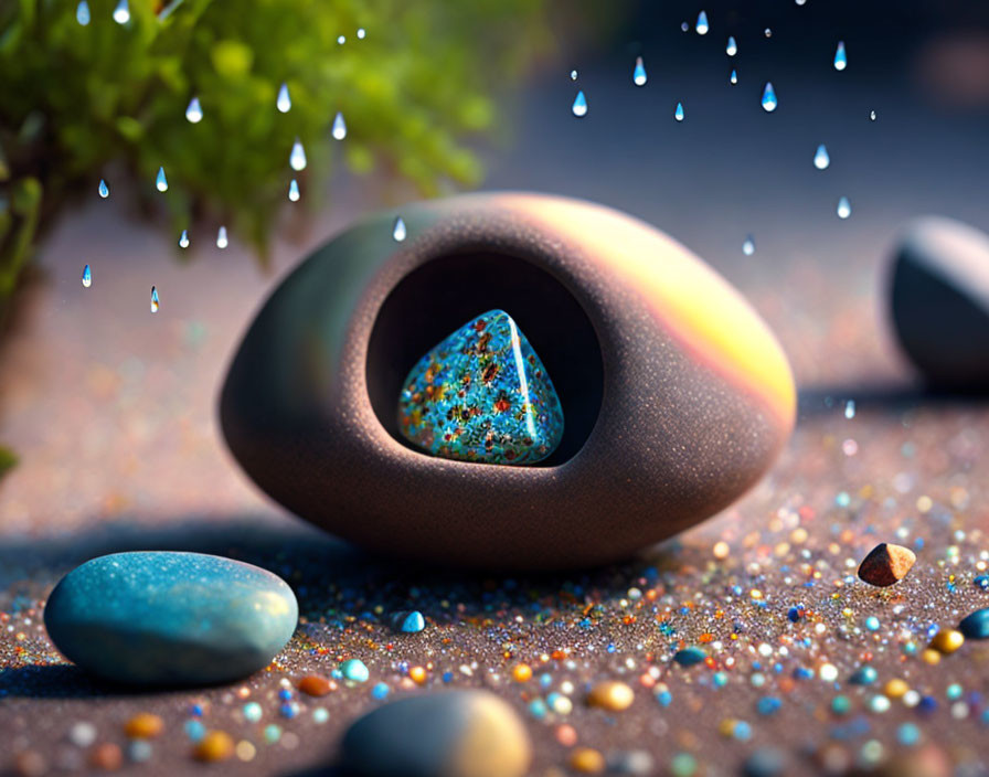 Blue crystal center in glossy stone-like sculpture under tiny tree with falling raindrops