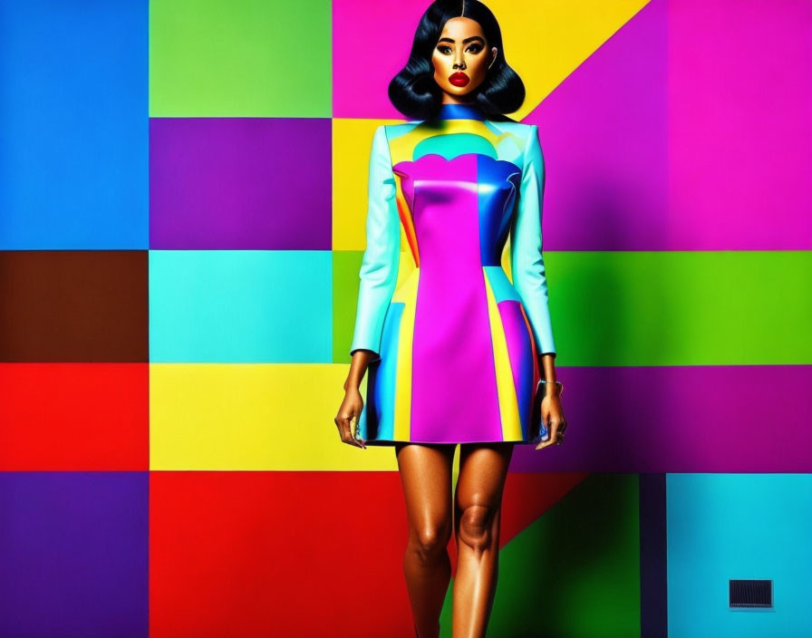 Colorful Woman in Vibrant Dress Against Bold Background