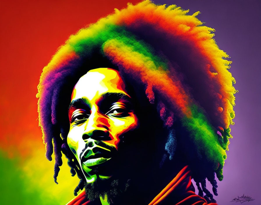 Colorful digital artwork featuring person with dreadlocks on vibrant gradient background