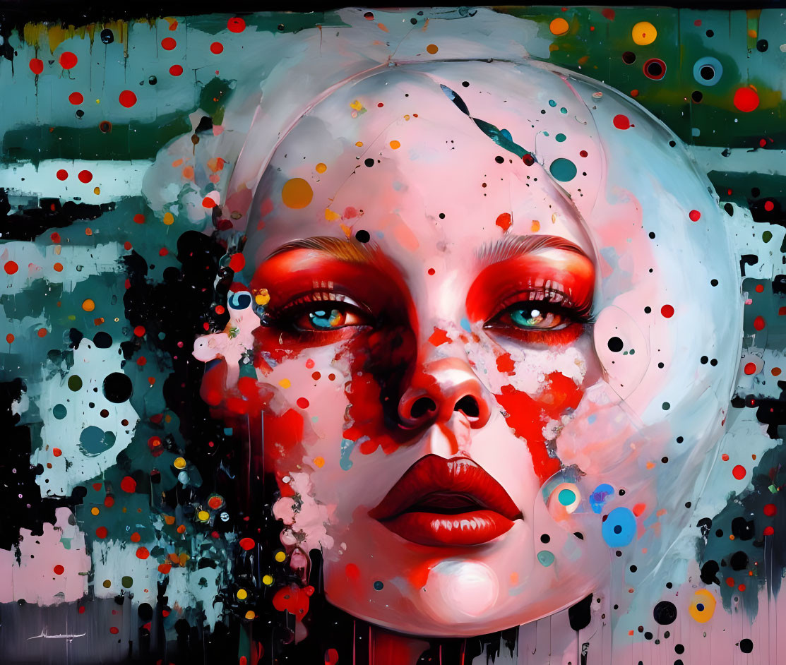 Colorful digital painting of woman's face with dramatic makeup on dark background