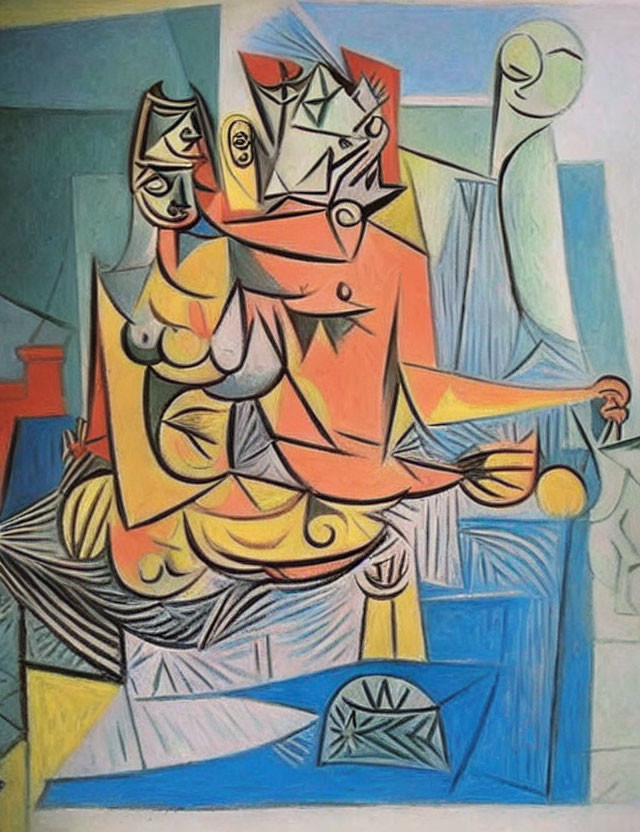 Colorful Cubist Painting with Distorted Figures & Geometric Shapes