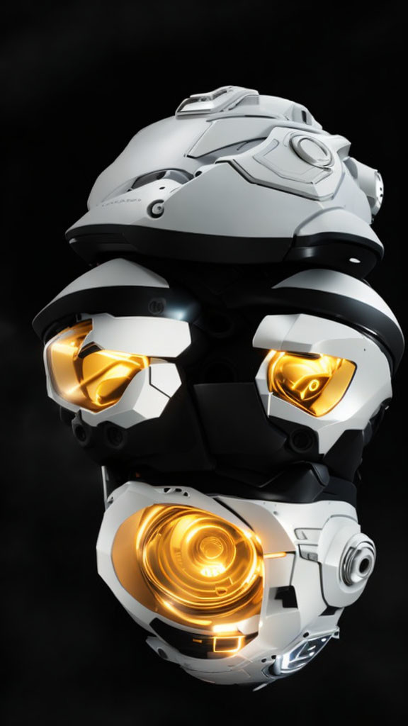 Futuristic Helmet with Reflective Visor and Glowing Eyes on Dark Background