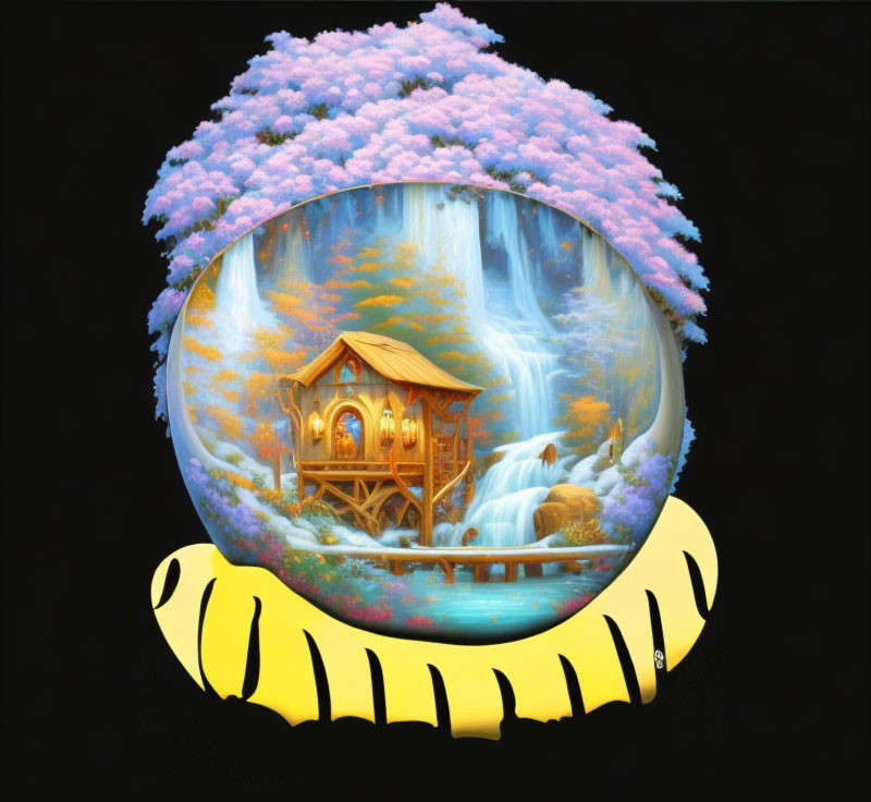 Illustration of Glowing Cabin in Glass Sphere with Tiger Frame