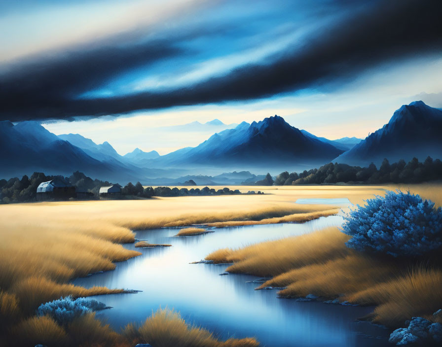 Tranquil landscape with golden fields, winding river, blue tree, and mountain against dusk sky