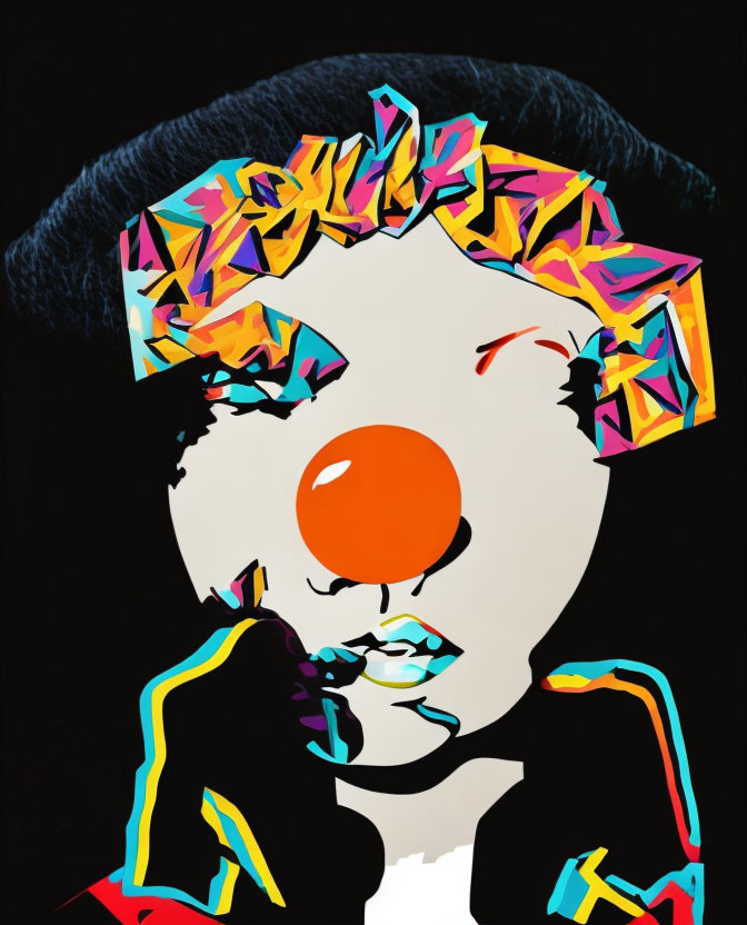 Abstract portrait with red nose, geometric shapes, and dark background