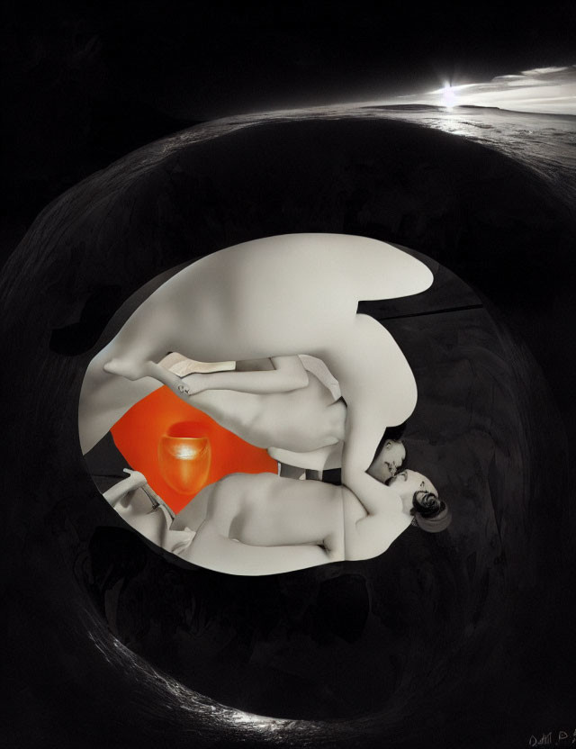 Surreal artwork: Woman in circular void with red-orange glow on lunar landscape