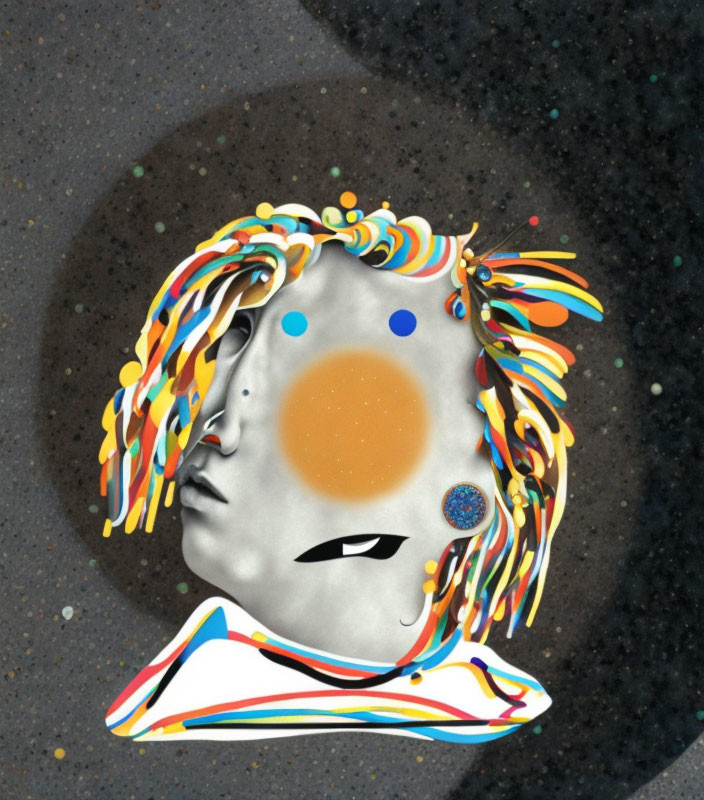 Digital artwork featuring surreal face with space elements and colorful flowing hair-like streams