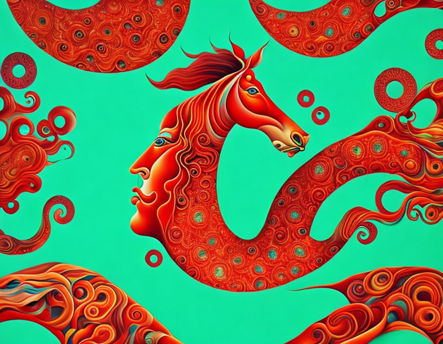 Surreal fusion of horse and human profile on green background