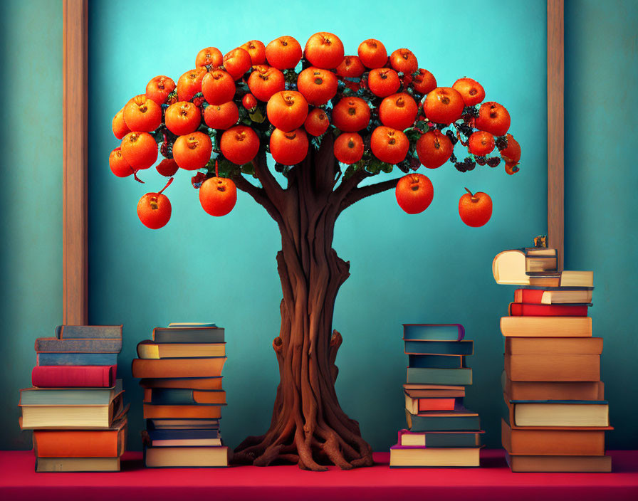 Colorful Books and Whimsical Tree with Orange Fruits on Teal Background