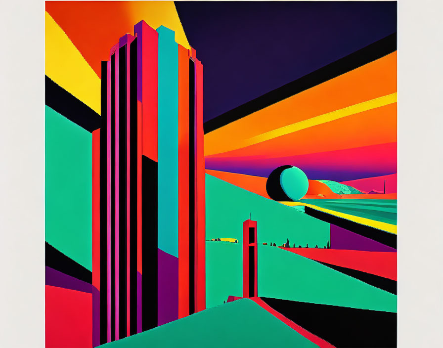 Abstract geometric shapes in vibrant colors depict futuristic cityscape at sunset