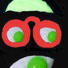 Neon face art with green eyebrows, red glasses, and glowing nose
