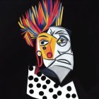 Colorful surreal portrait of a clown-like figure with abstract shapes and polka-dotted costume on black