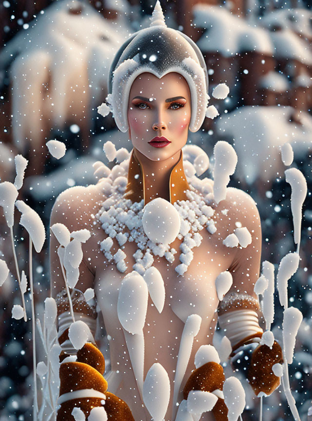 Digital art: Woman with snow-like adornments in wintry scene.