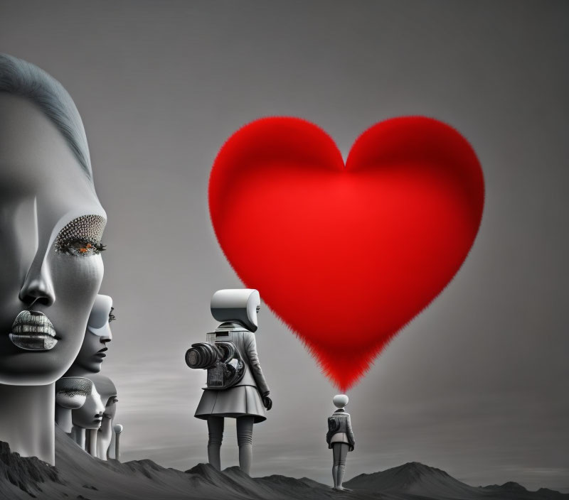Surreal image with giant female face, camera-headed figures, heart, and desolate landscape