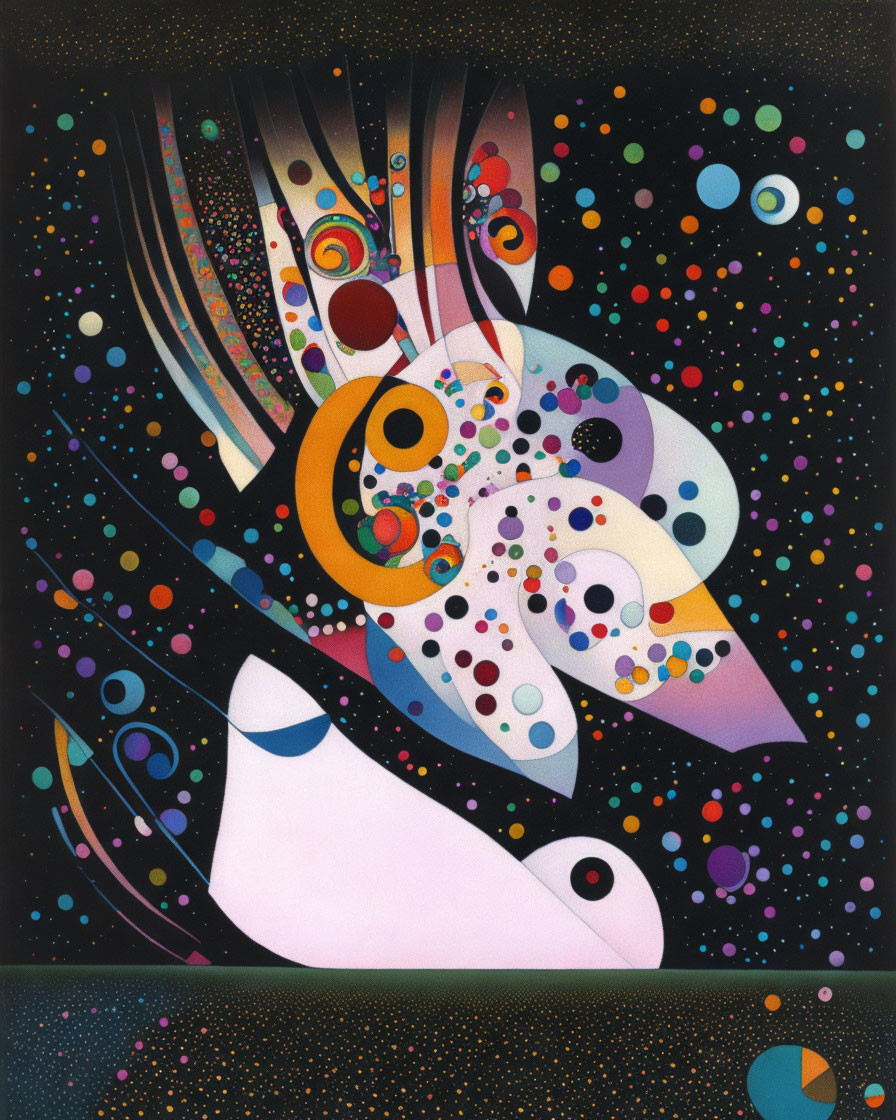 Vibrant abstract painting: swirling patterns, geometric shapes, and dots on dark starry backdrop