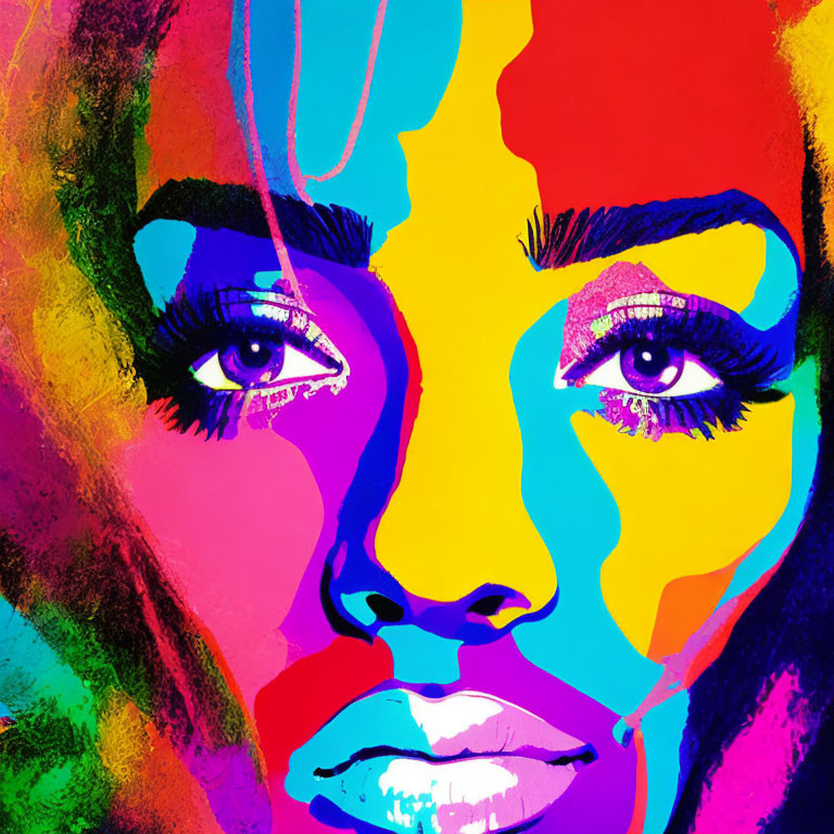 Colorful Pop Art Portrait of Woman with Expressive Eyes and Full Lips