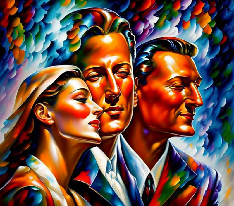 Colorful Stylized Painting of Two Men and a Woman