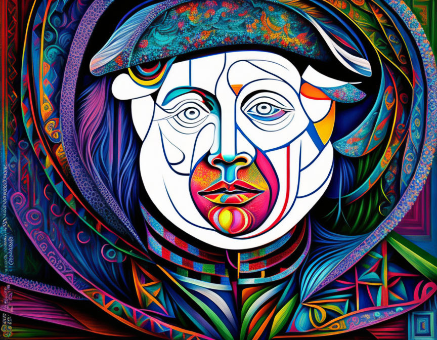 Colorful Abstract Portrait with Swirling Patterns and Contrasting Hues
