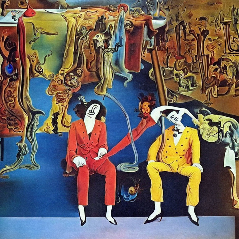 Abstract Surrealistic Painting: Seated Figures in Red and Yellow Suits